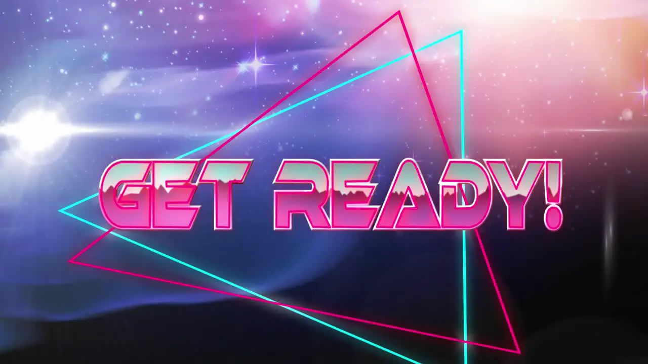 Animation of get ready text in metallic letters on pink and blue triangles and universe