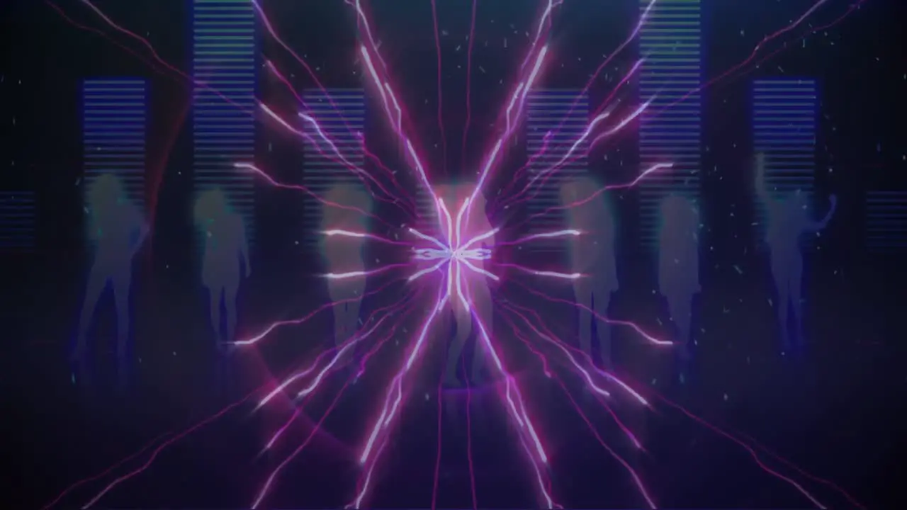 Animation of glowing spots and light trails with graphic music equalizer moving and people dancing