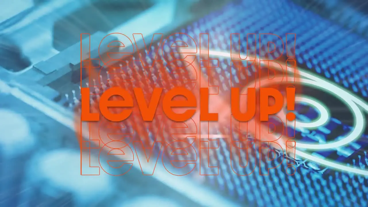 Animation of level up text in orange letters over digital eye and computer processor