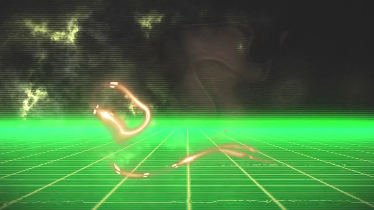 Animation of moving glowing yellow liquid energy over green grid and clouds