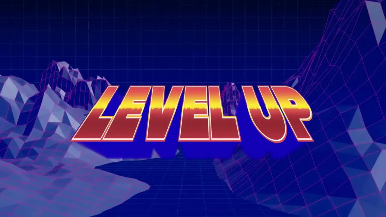 Animation of level up over metaverse landscape on navy background