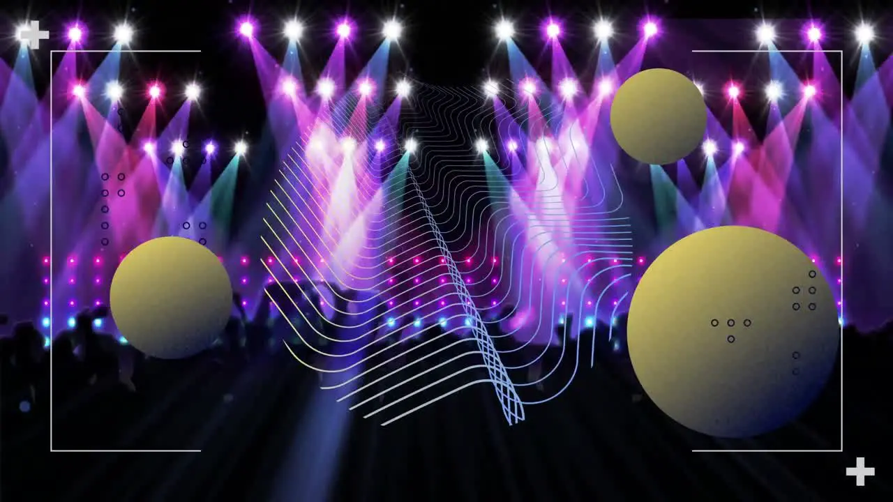 Animation of yellow spheres and network processing data over colourful spotlights