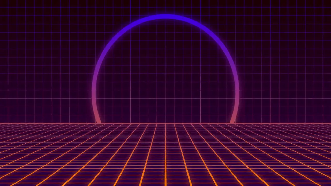 Animation of pink to purple neon circle over moving pink grid