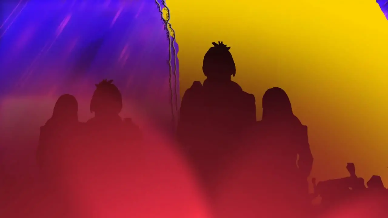 Animation of people dancing red spotlights moving on yellow background