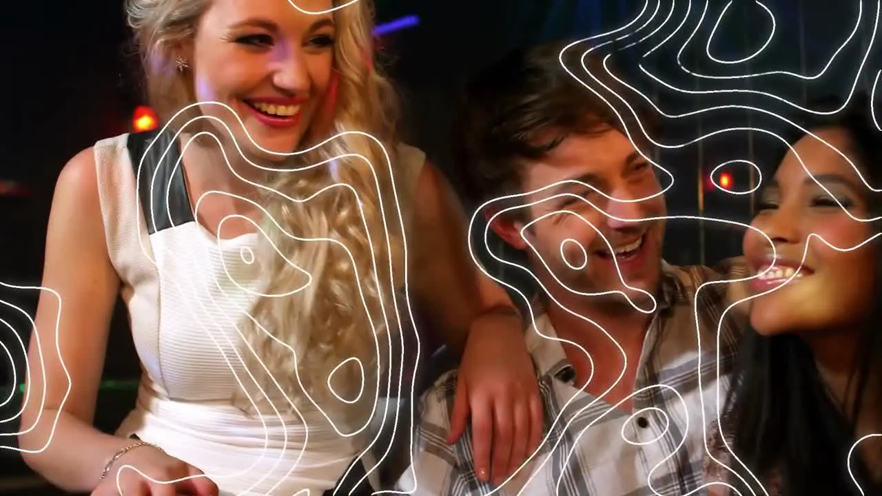 Animation of white line pattern over happy group of friends having fun at party