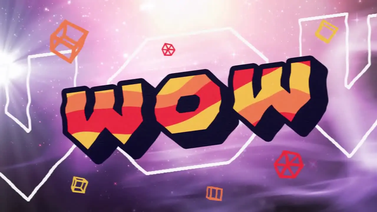 Animation of wow text in red orange and yellow letters on pink and blue triangles and universe