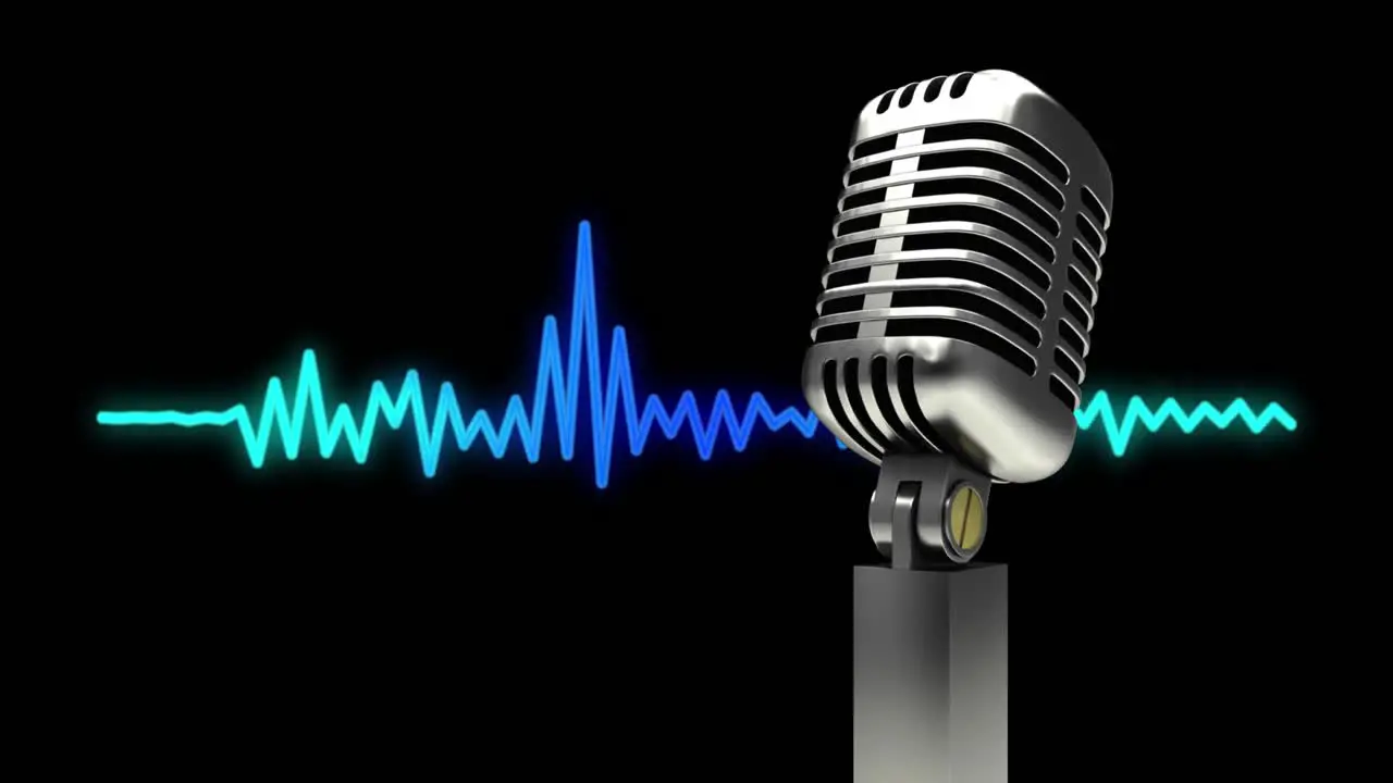 Animation of retro silver microphone and moving blue and green graphic music equalizer