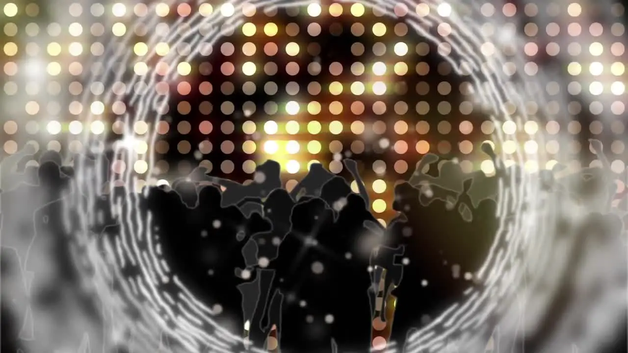 Animation of white rings with silhouetted dancing crowd and orange and yellow lights