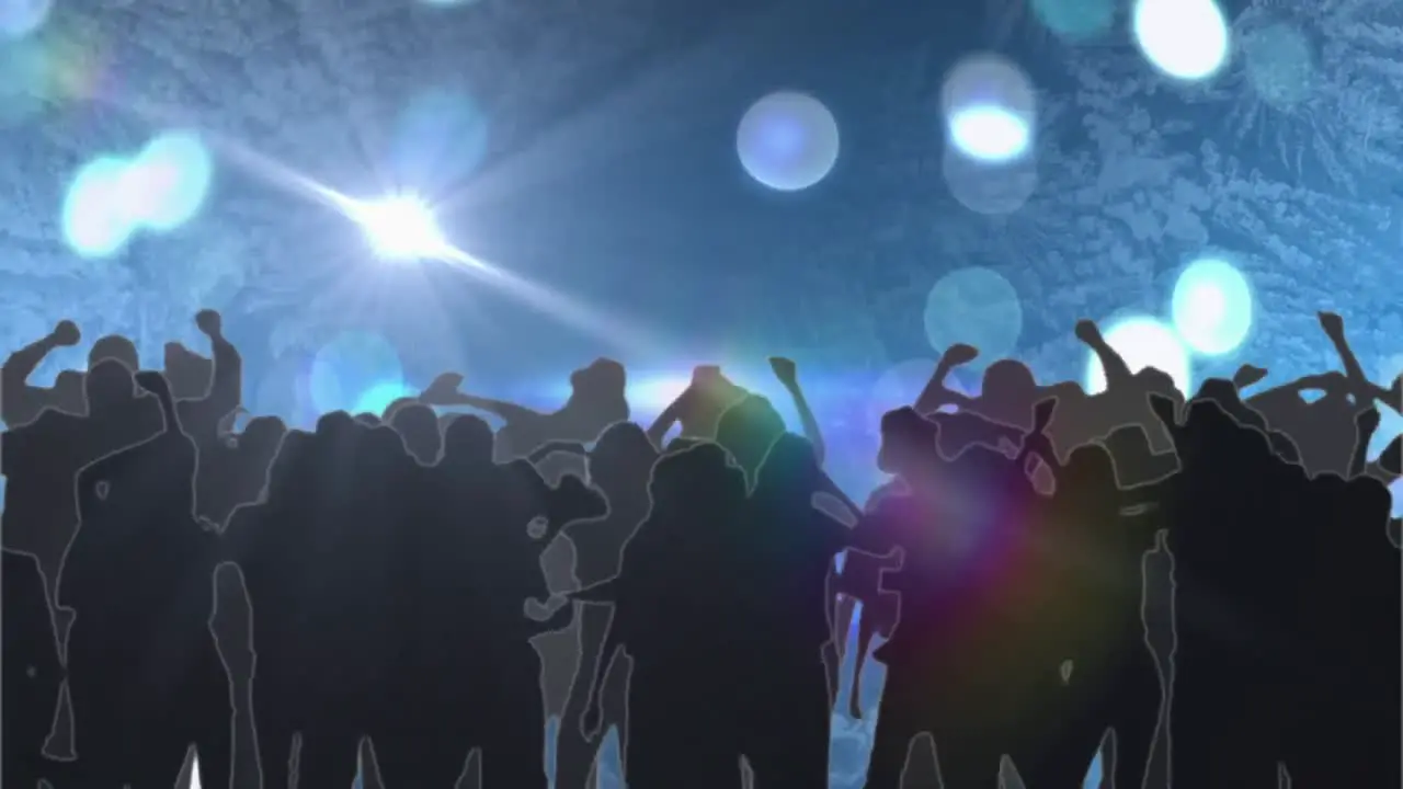 Animation of people dancing in club music venue with light moving over glowing spotlights