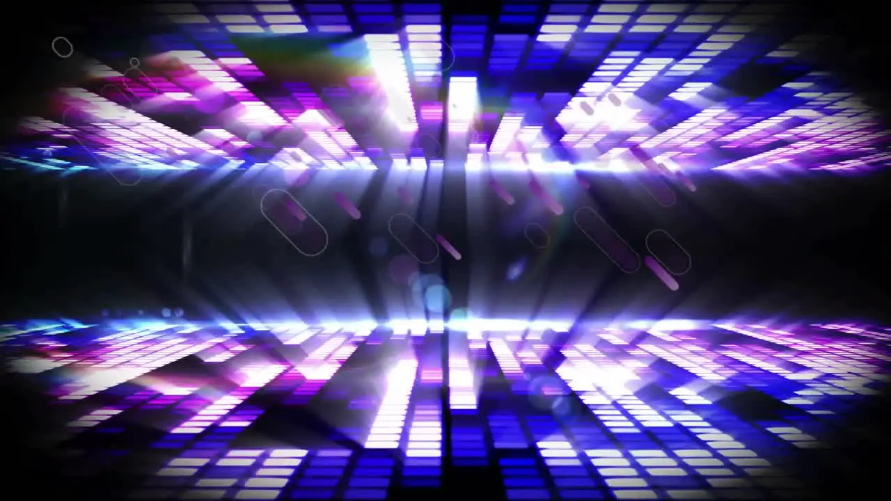 Animation of purple light trails over glowing purple music equalizer