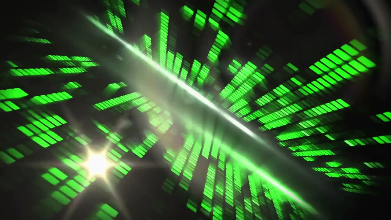 Animation of green graphic music equalizer lights and moving spotlights