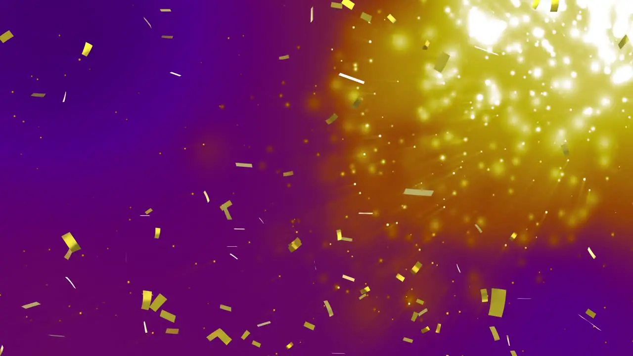 Animation of gold confetti falling over glowing spots on purple background