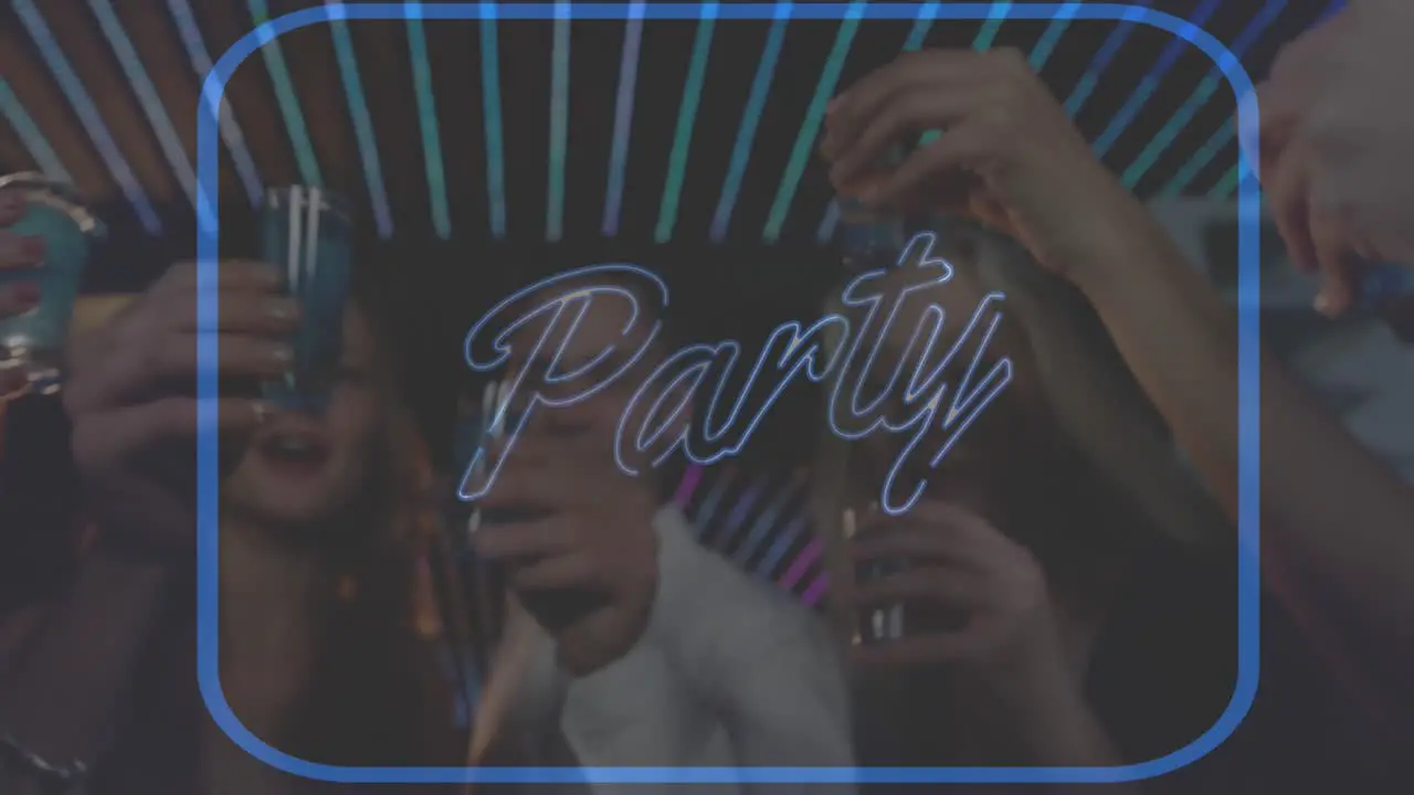 Animation of neon party text in blue over smiling male and female friends making toast in bar