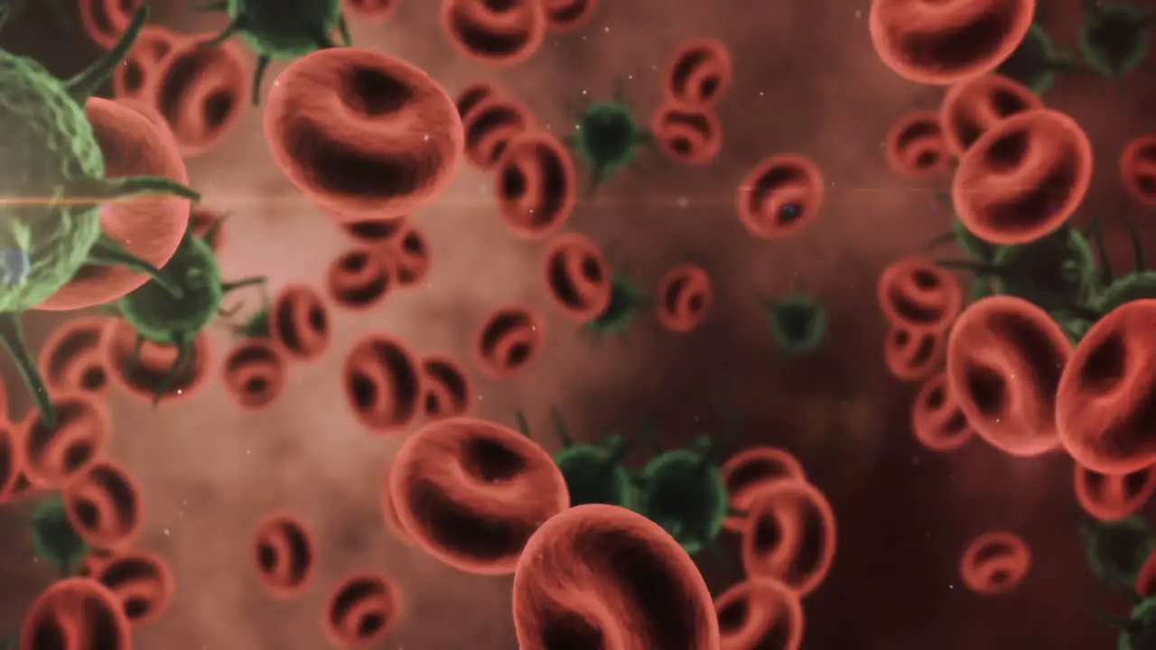 Digitally generated virus cells and red blood against red background