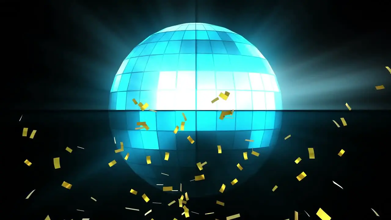 Animation of falling golden confetti glowing disco ball over dark background