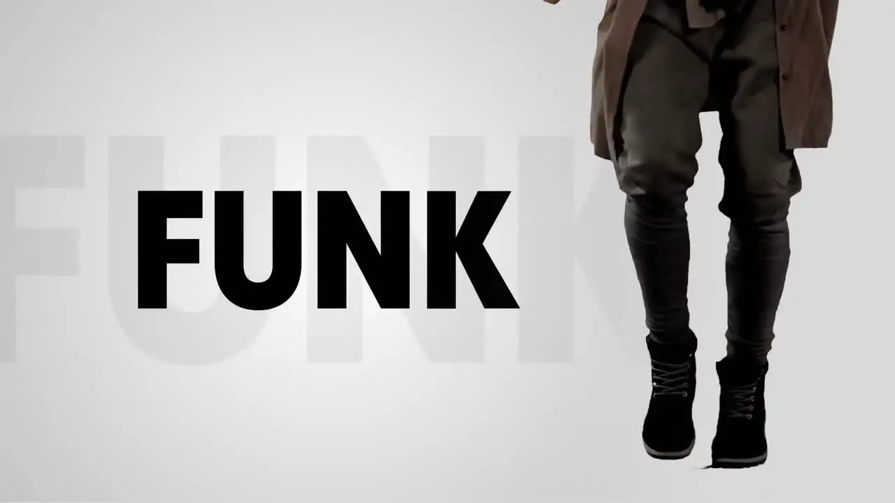 Animation of funk text with person dancing on white background