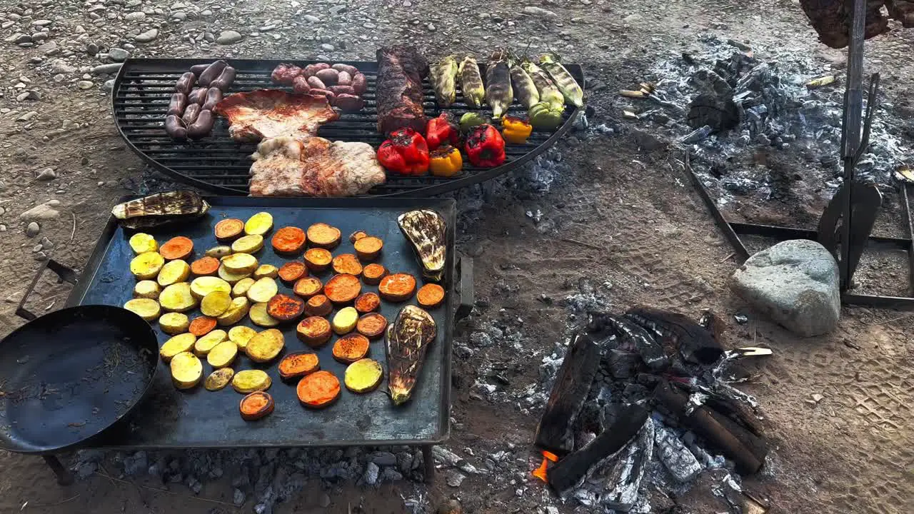 Delicious grilled vegetables and meat in Argentine grill south american grilled style