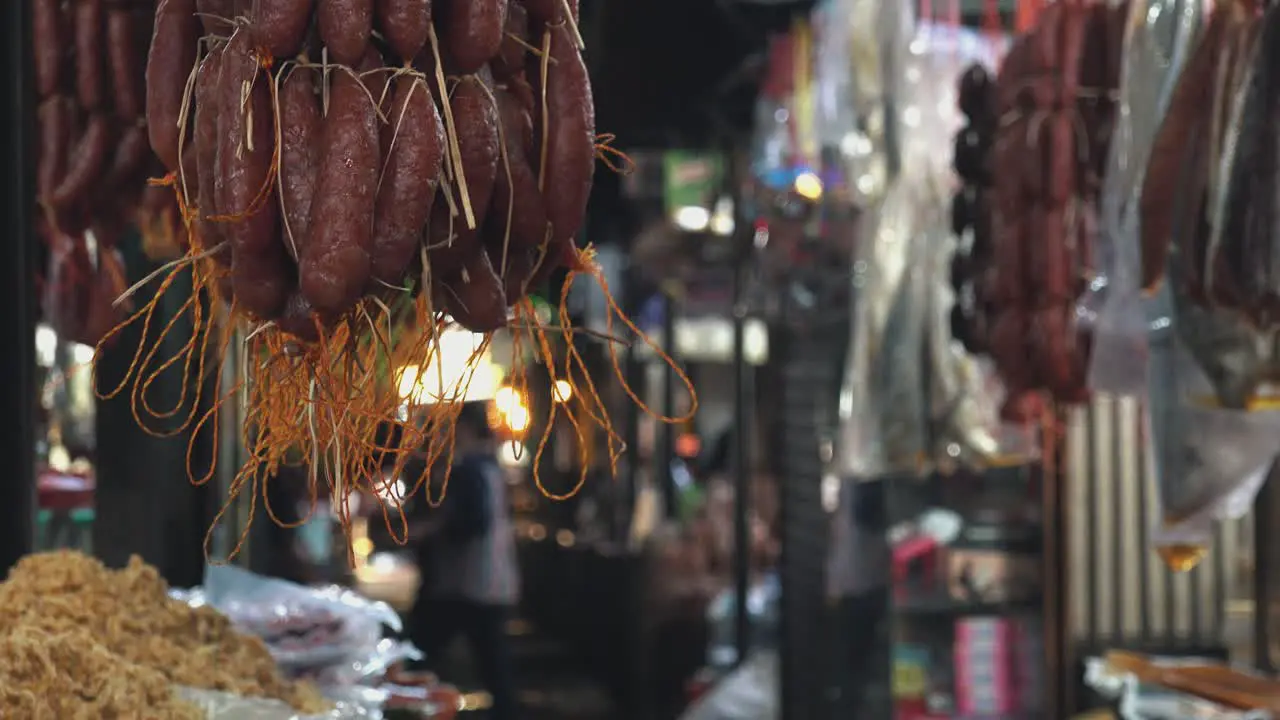 Close Shot of Dry Khmer Sausage at the Cambodian Market