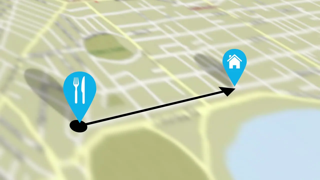 Food order delivery from restaurant to house on a street map animation