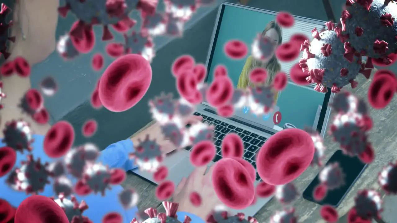 Animation of covid 19 cells and red blood cells over businesswoman on laptop video call