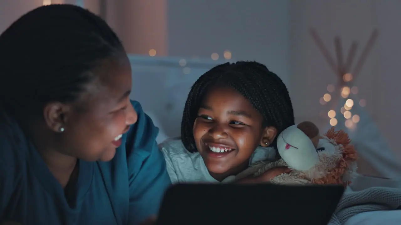 Bedroom night and girl with mother