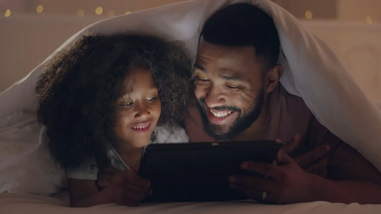 Father girl and tablet in bedroom