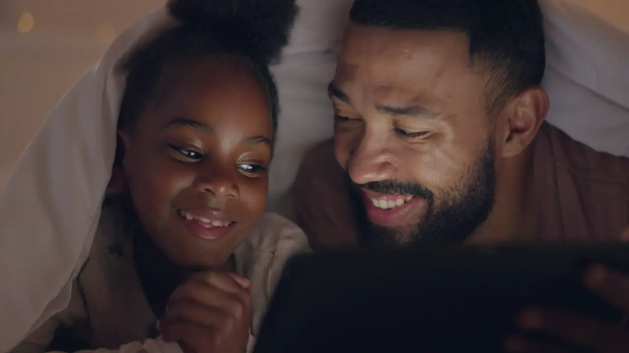 Dad girl and tablet in bedroom