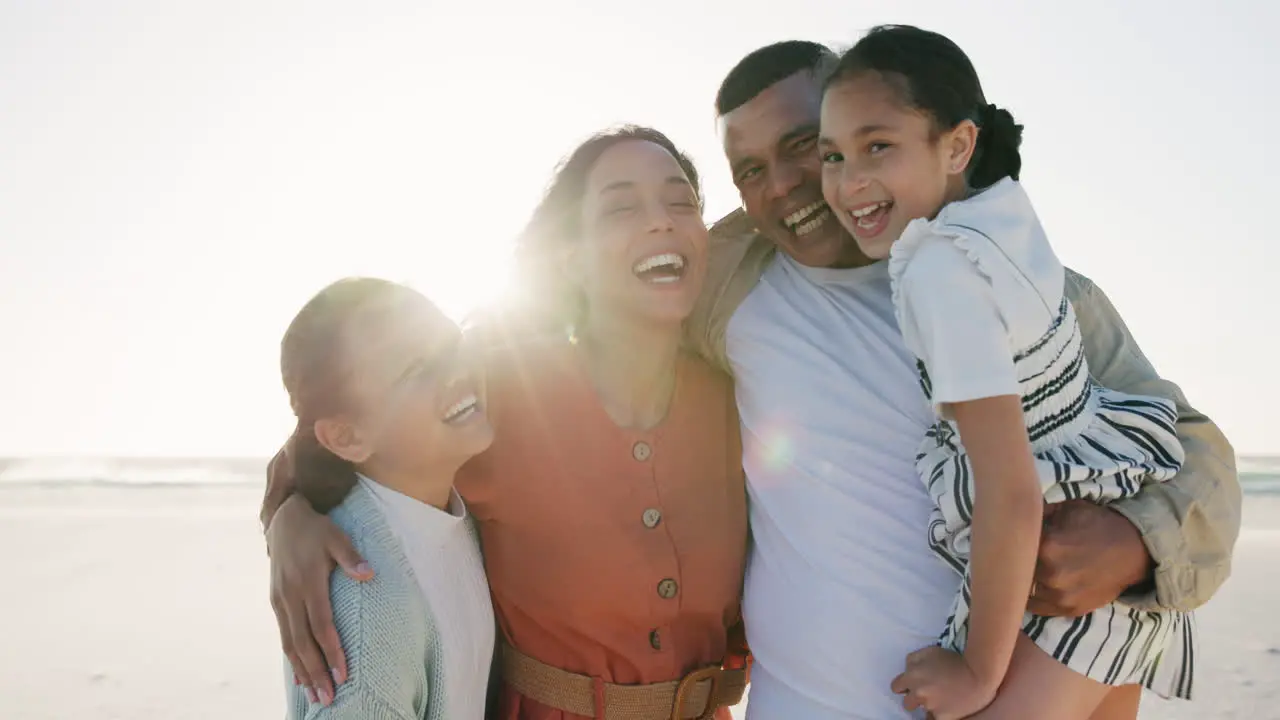 Parents kids and beach with laugh with face