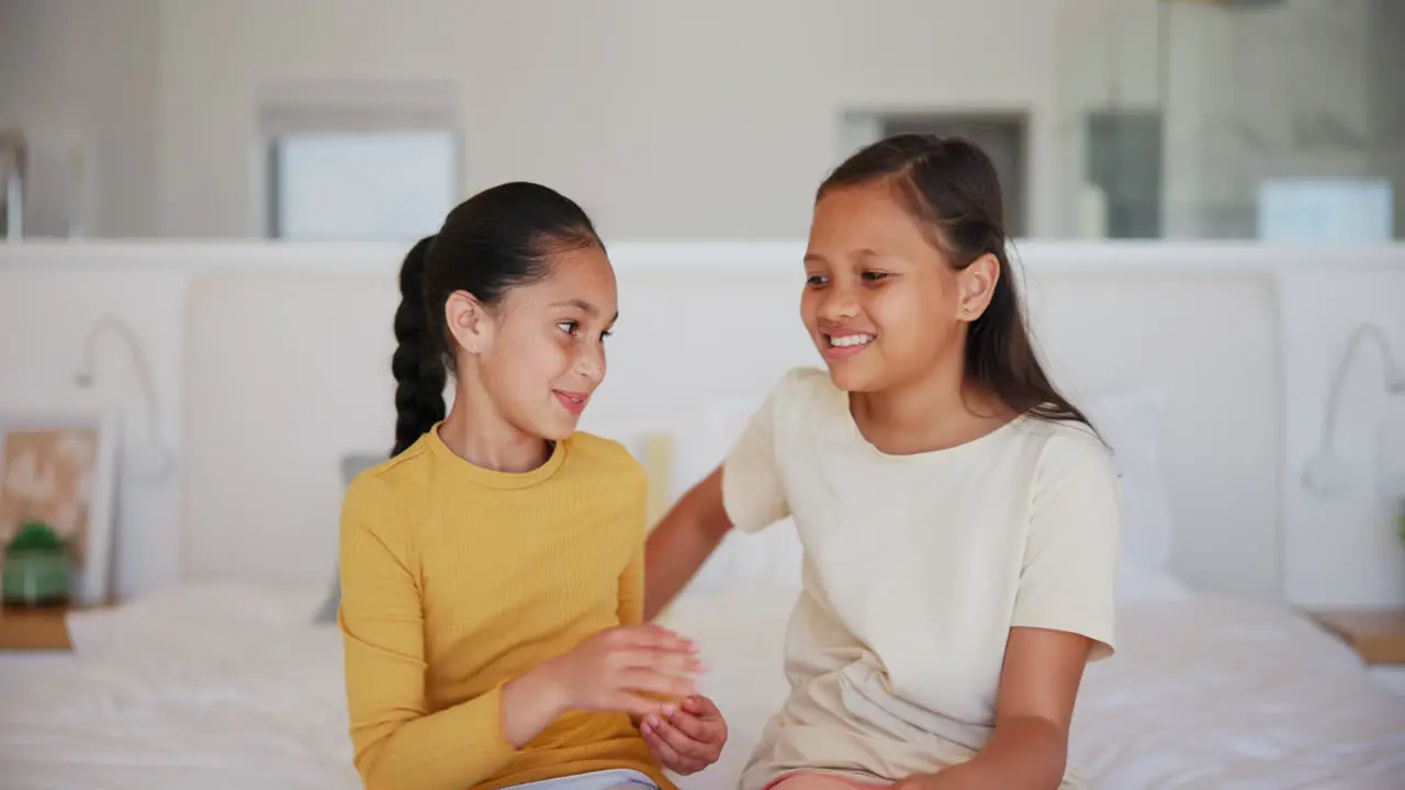 Sister hug and face of girl children on a bed