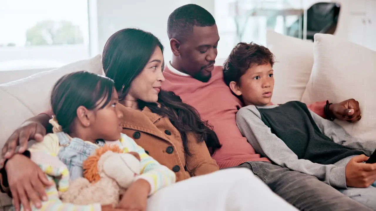 Happy smile and family watching a movie on a sofa