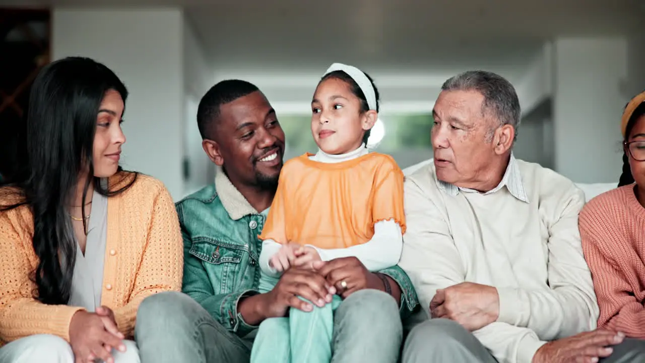 Big family child and talking on sofa for happy