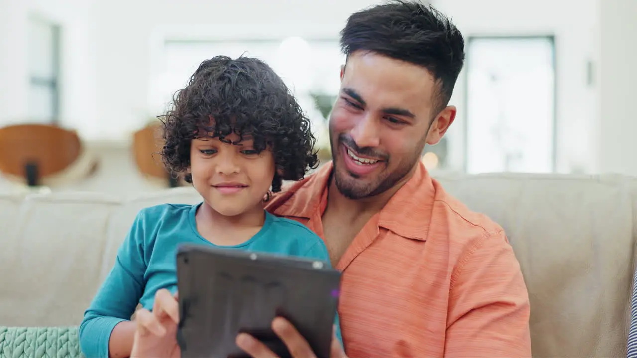 Father kid and tablet for home education