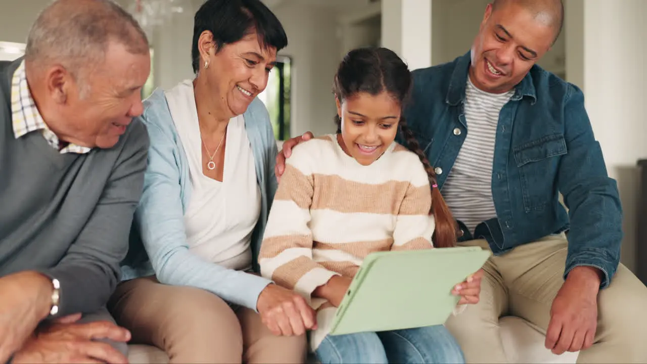 Tablet happy family and girl in home living room