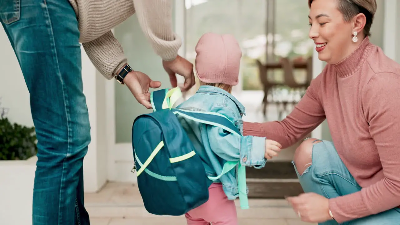 Parents child and backpack for kindergarten