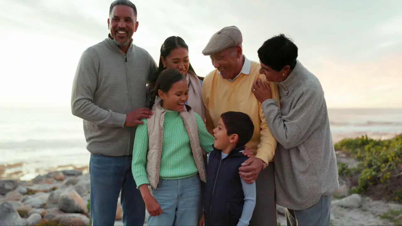 Nature beach and big family laughing