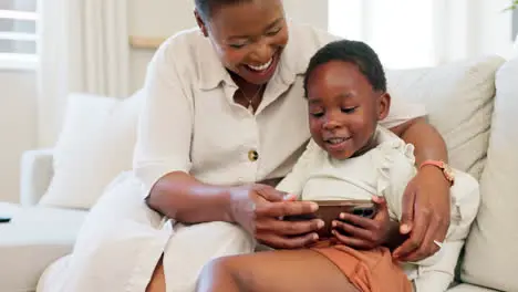 Surprise phone and black family bonding on sofa