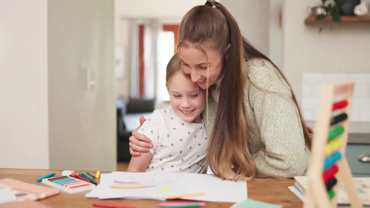 Learning girl and mother with hug at house