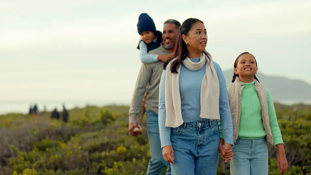 Nature walking and happy family in countryside