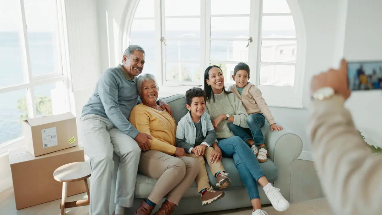 Happy couch and family photo with kids