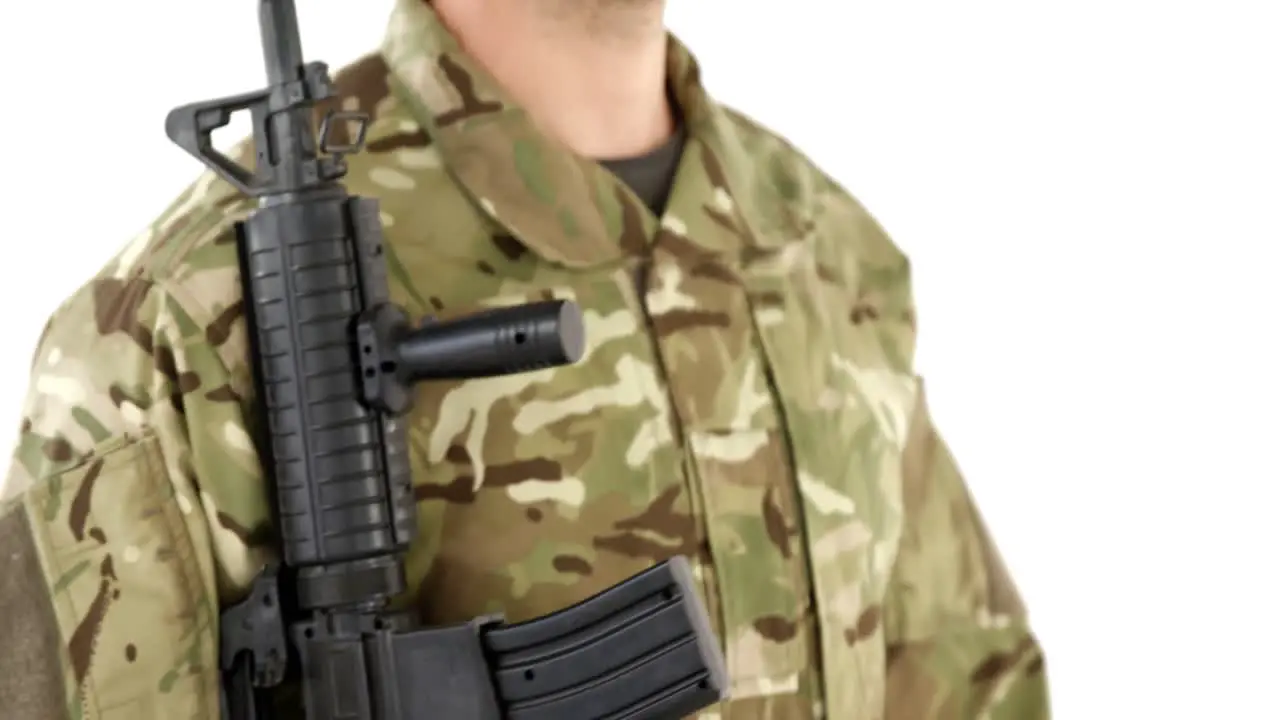 Soldier doing march past on white background