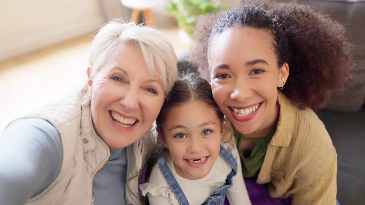 Happy family smile and selfie on a sofa