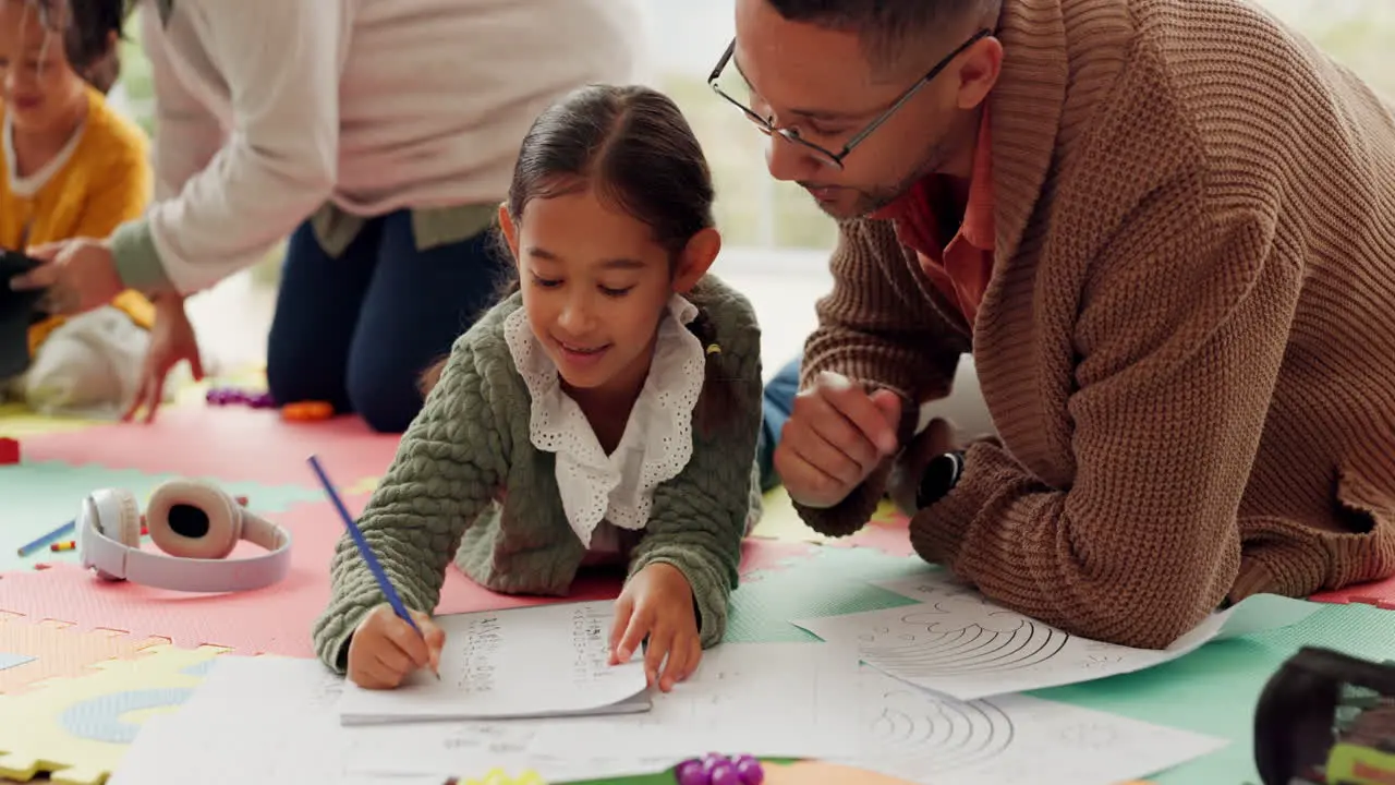 Girl kids parents and writing homework on floor