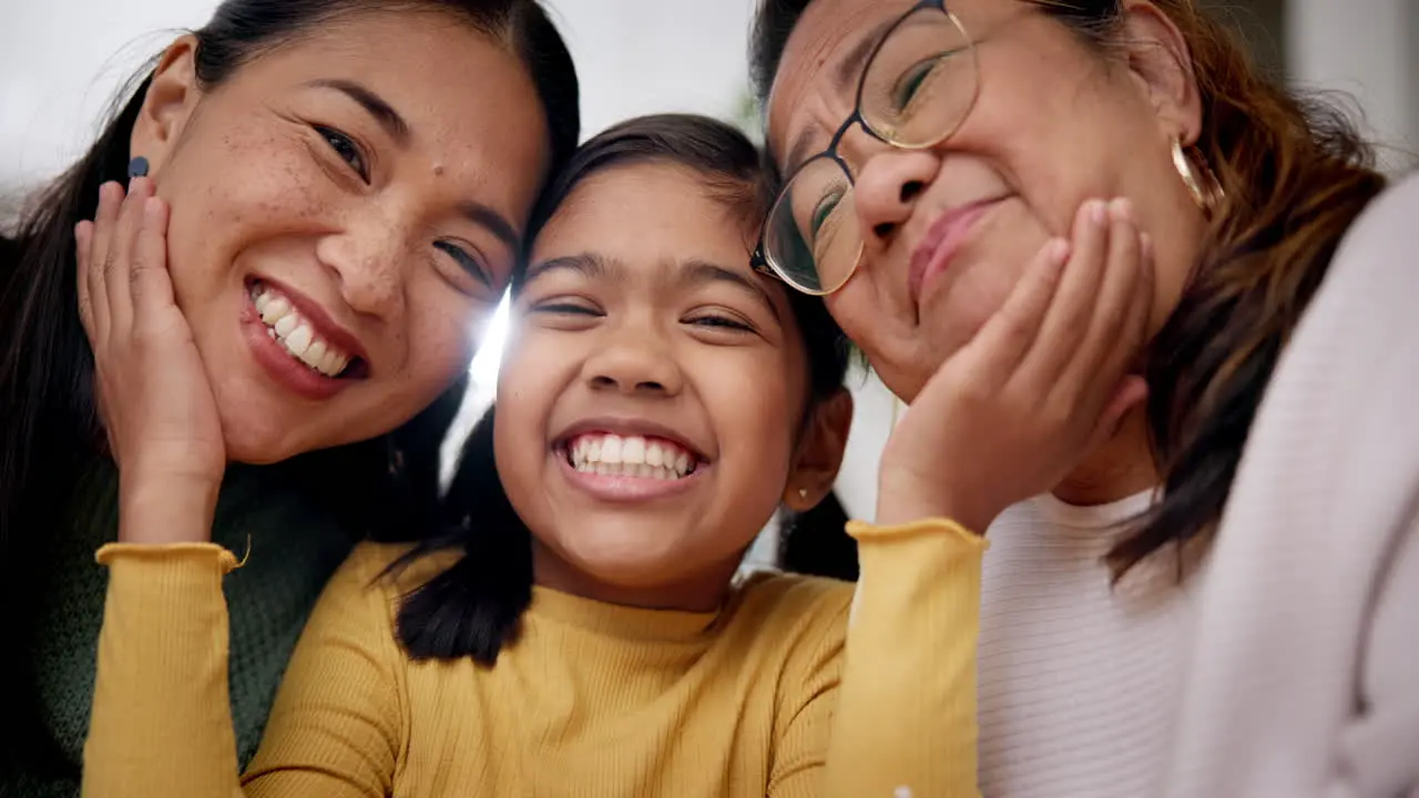 Mother hug and family portrait in a living room