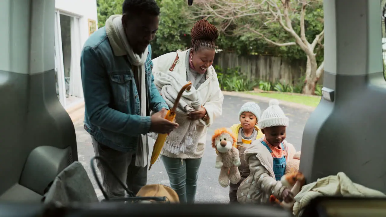 Car black family and bag packing for road trip