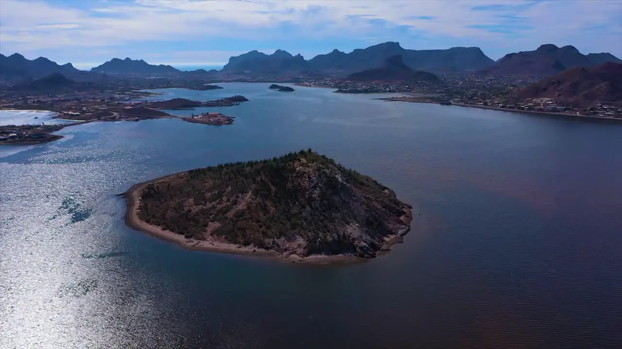 Flight over a small island in the sea of Cortez