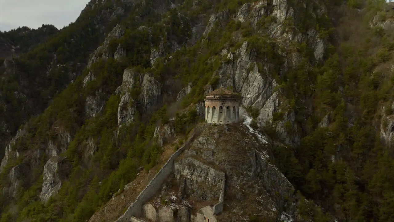 Drone Flying Towards Rocca d'Anfo Historic Military Fortification In Anfo Italy