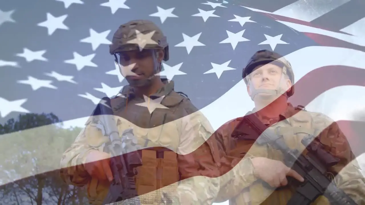 Caucasian US soldier with US flag waving foreground