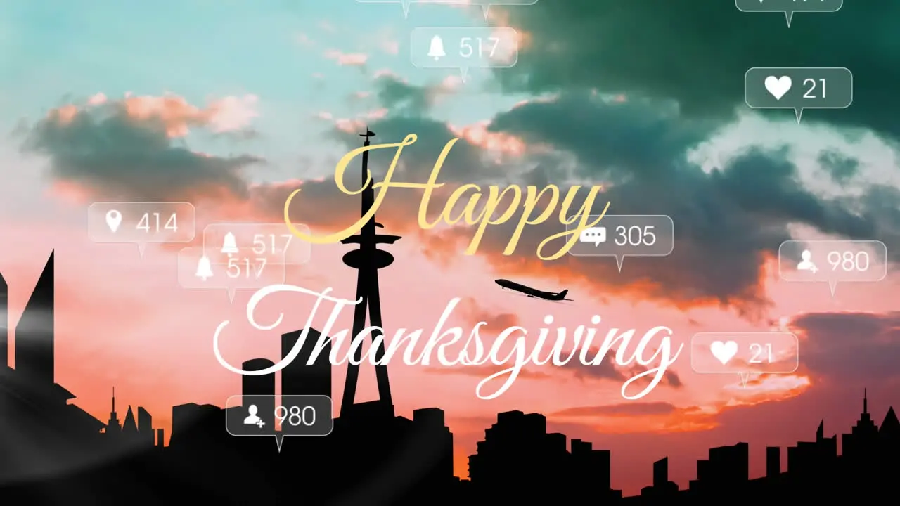 Happy thanksgiving text over social media icons on multiple speech bubbles against cityscape