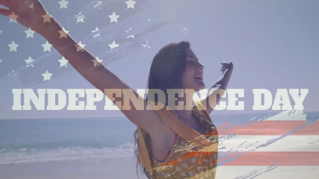 Animation of usa flag effect and independence day text against biracial woman enjoying at the beach