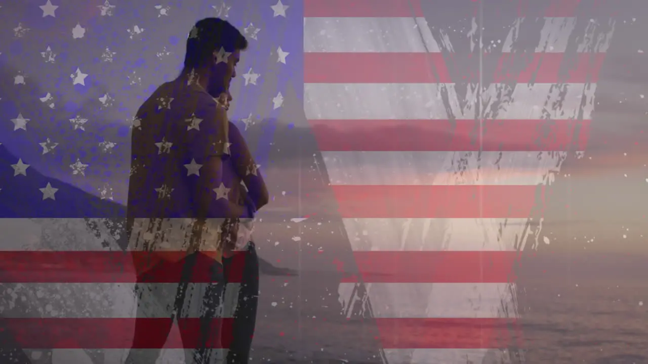 Animation of usa flag effect against biracial couple embracing each other at the beach